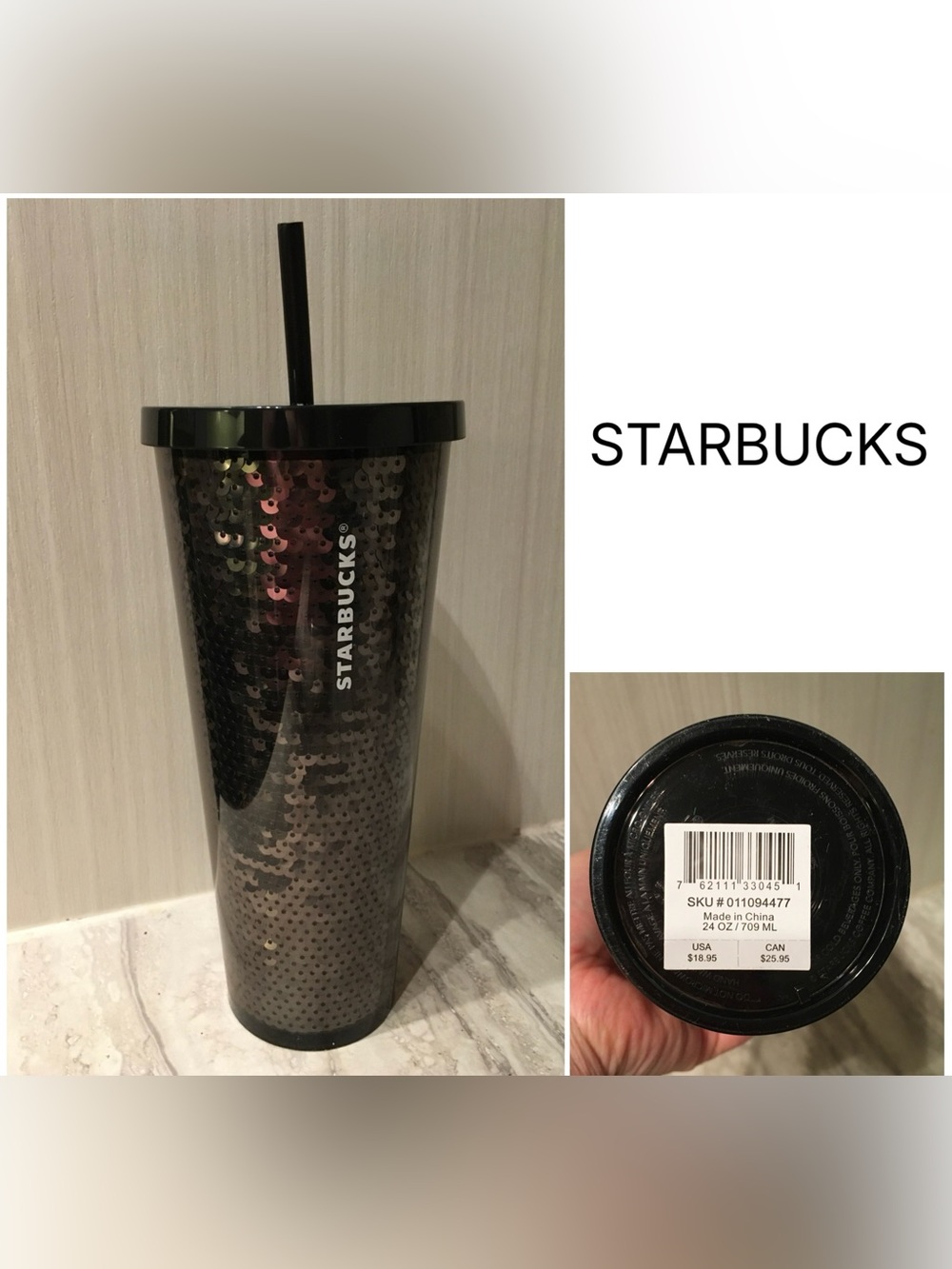 STARBUCKS - NWT - BLACK / SILVER SEQUIN SPARKLE HOLIDAY 24OZ COLD CUP TUMBLER